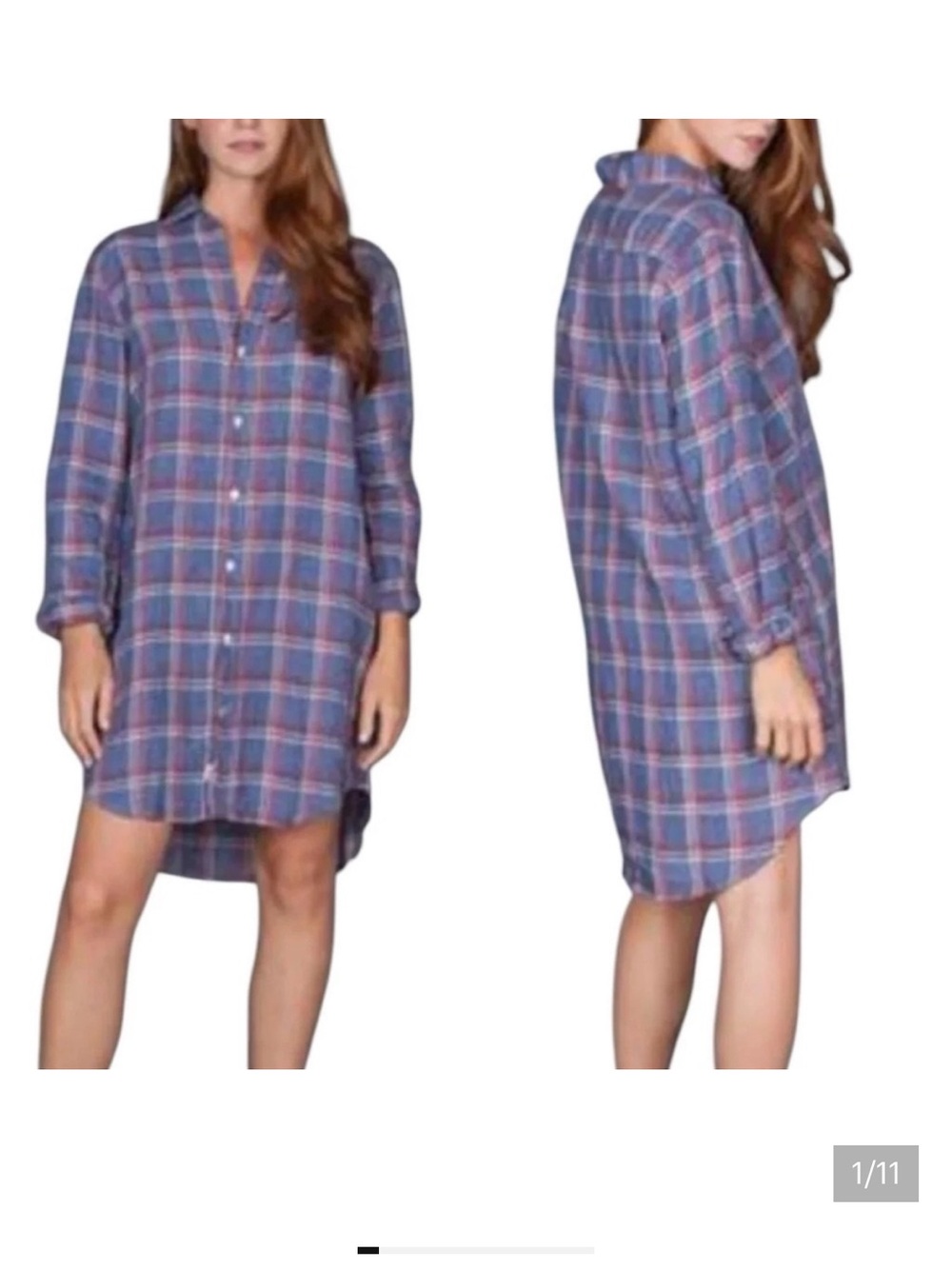 Frank & Eileen "Mary" 100% Linen Red White Blue Plaid‎ Button Front Shirt Dress - Picture 3 of 16